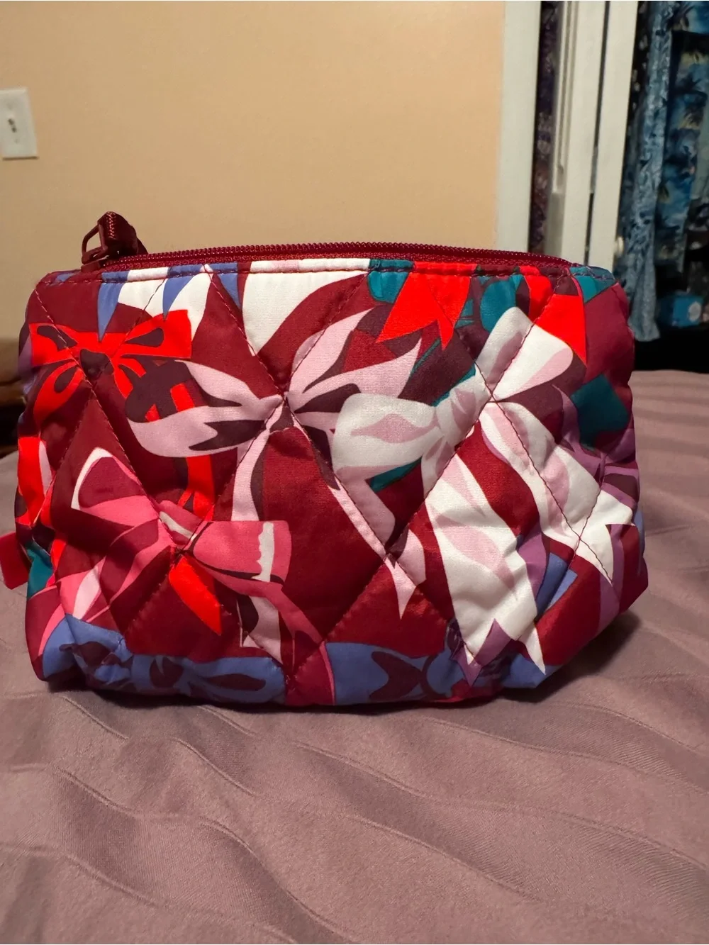 Vera Bradley Quilted Floral Small Pouch - Burgundy Pink Blue Multi
